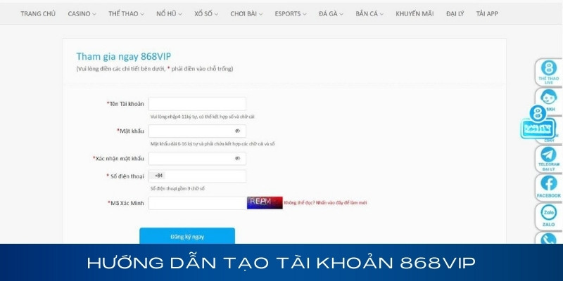 Hướng dẫn tạo tài khoản thành viên tại 868vip