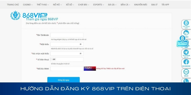 Hướng dẫn đăng ký 868Vip trên điện thoại